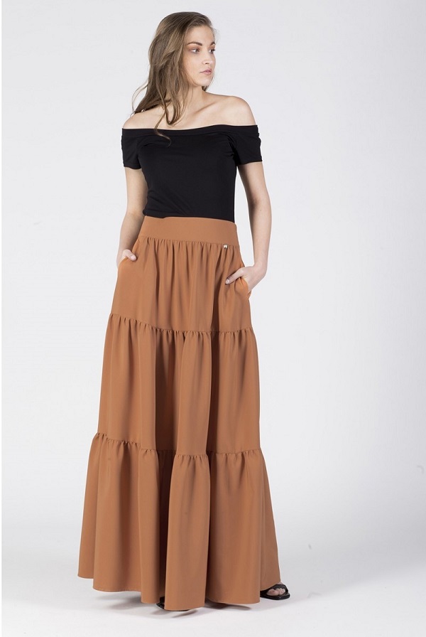 Φούστα κρεπ μαξι με βολάν και τσέπες